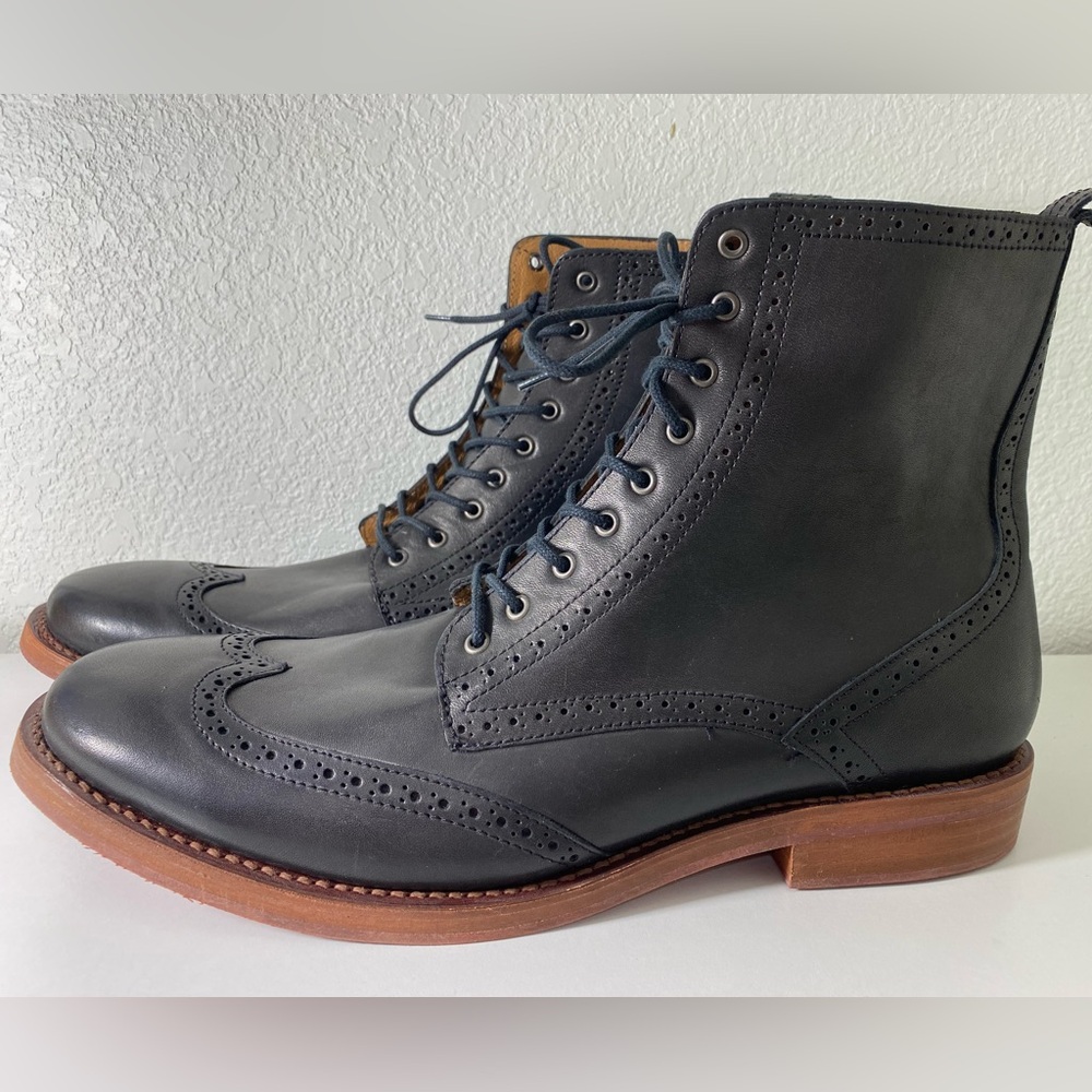 New J.D. Fisk Leather Wingtip Brogue Boots, Lace Up, Black Leather, Men’s 11